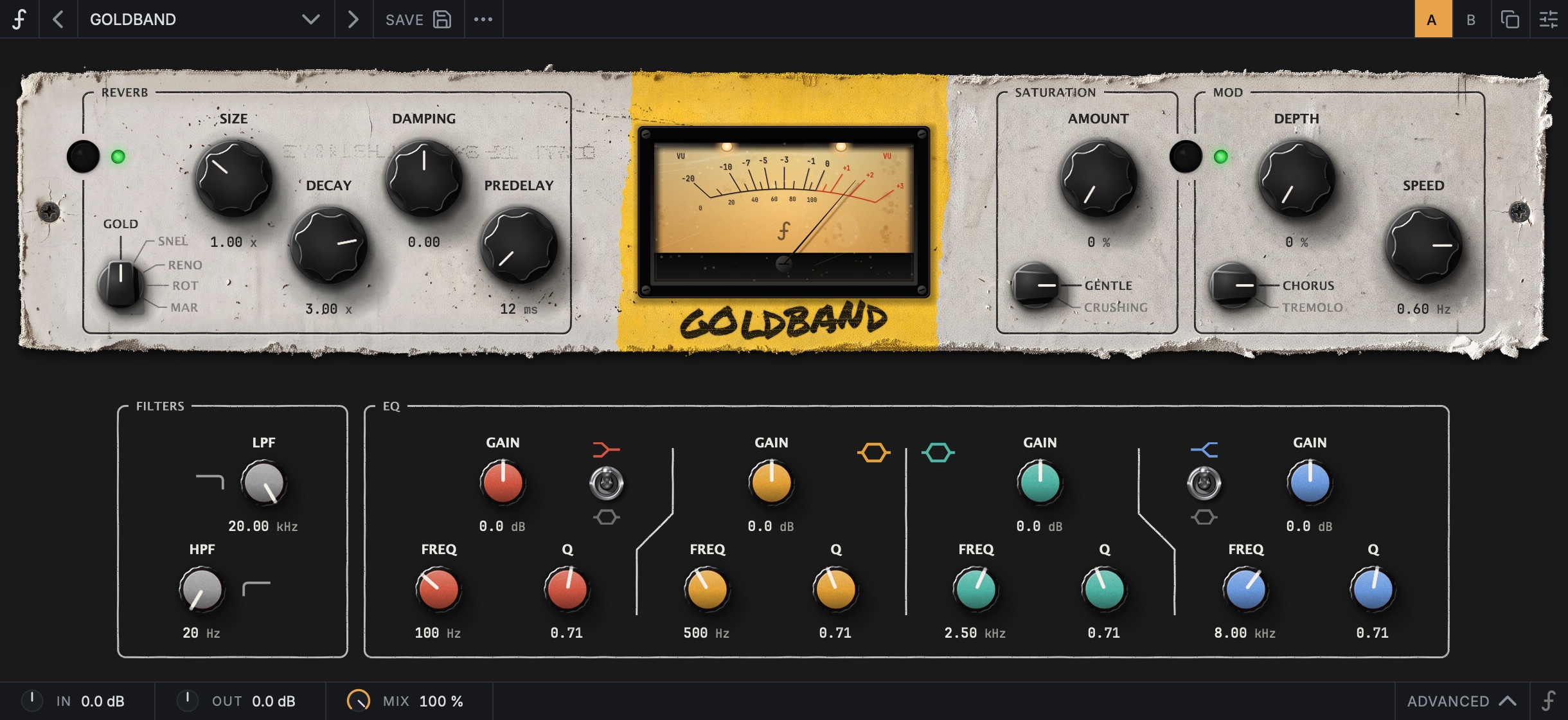 The GipsPlate plugin window with the filters and EQ open